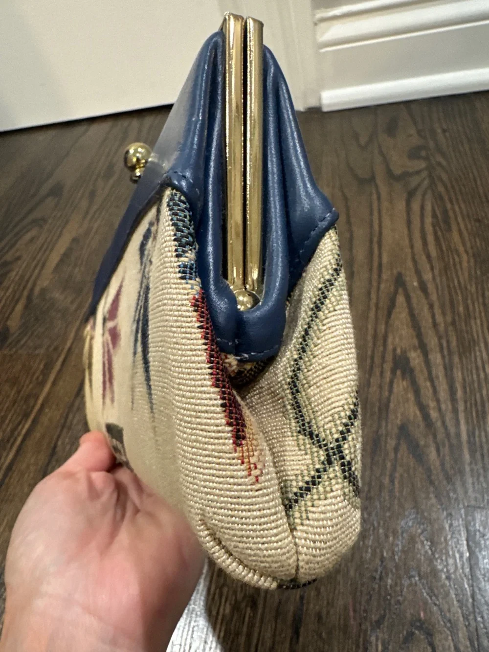 Vintage Floral Tapestry & Blue Leather Clutch Purse